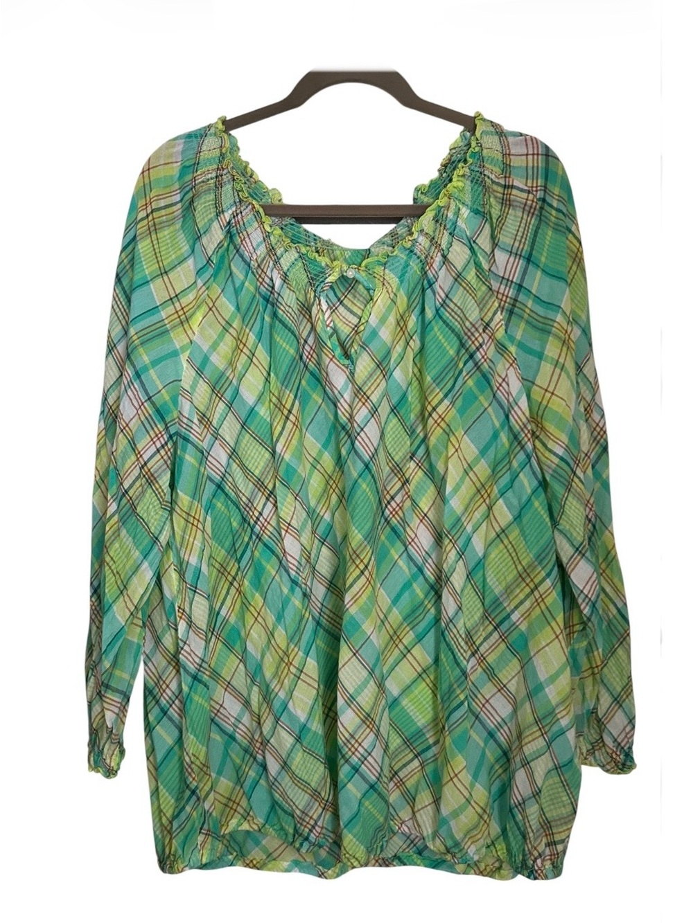 Lane Bryant Womens Green
Plaid Cotton Smocked Peasant
Blouse 3/4 Sleeve 3X